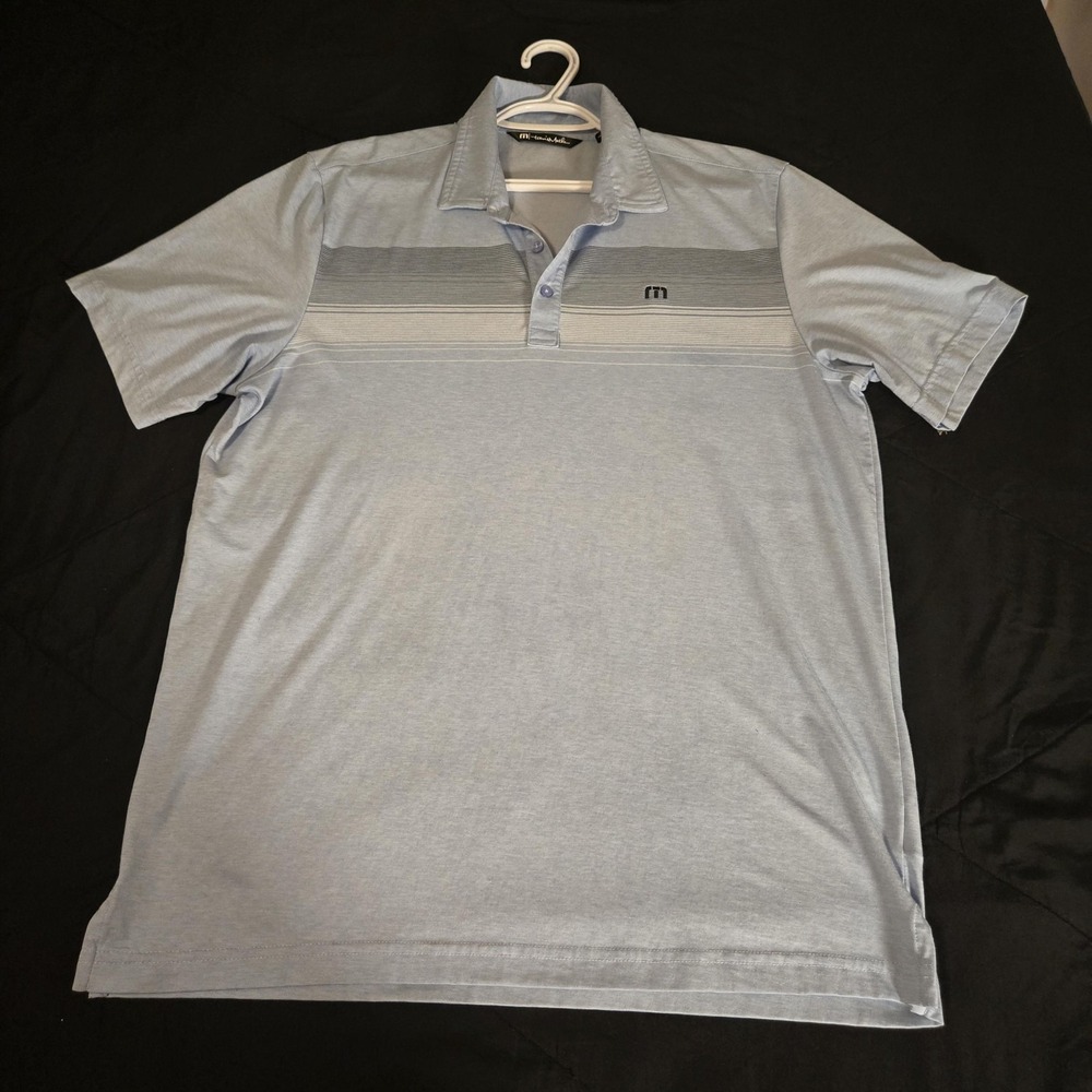 Travis Mathew Shirt Mens Large Blue Stripe Golf Polo Short Sleeve Performance